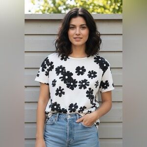 Madewell white/black floral pattern cotton short- sleeved blouse,oval hem, XS